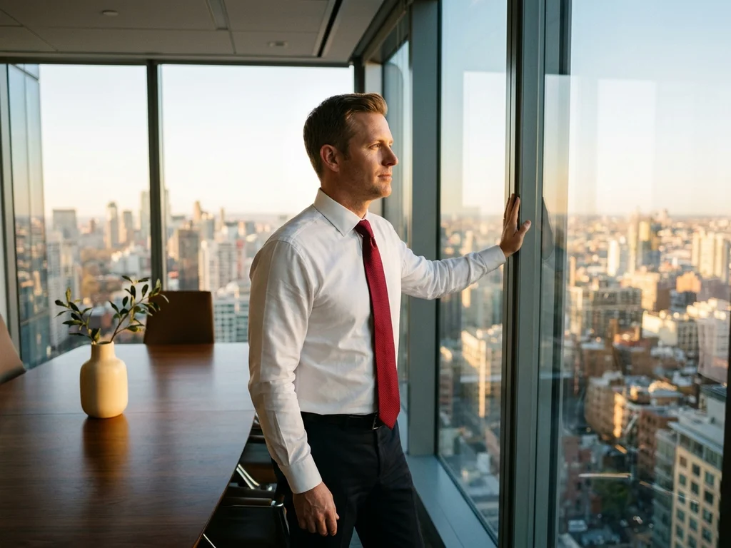 Un dirigeant contemple un quartier d'affaires, illustrant la diversité des secteurs accompagnés en stratégie digitale.