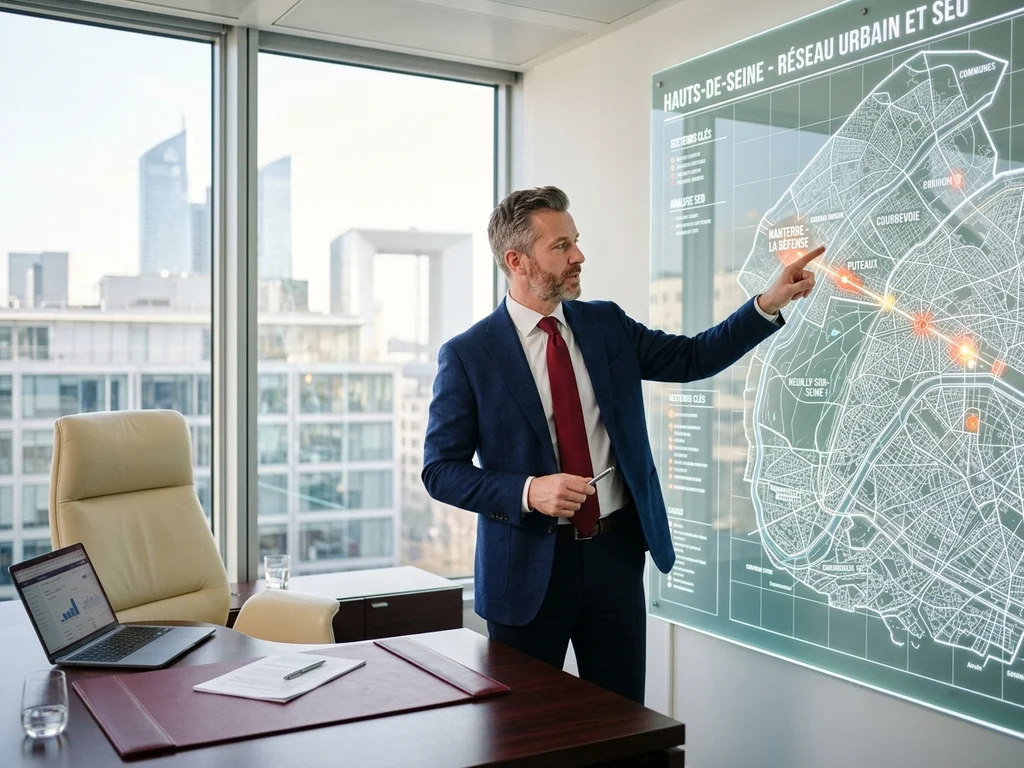 Consultant SEO analysant la carte des interventions locales dans les Hauts-de-Seine pour SeoGen.