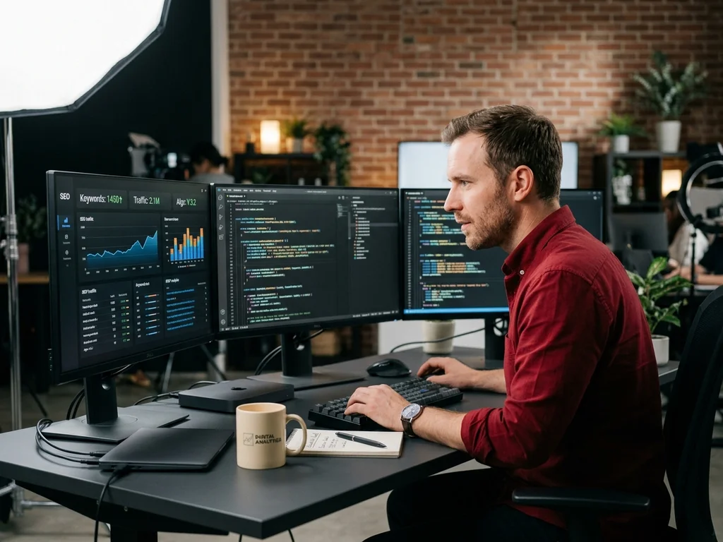 Analyse experte de données SEO illustrant la maîtrise de l'expertise technique et de l'IA.