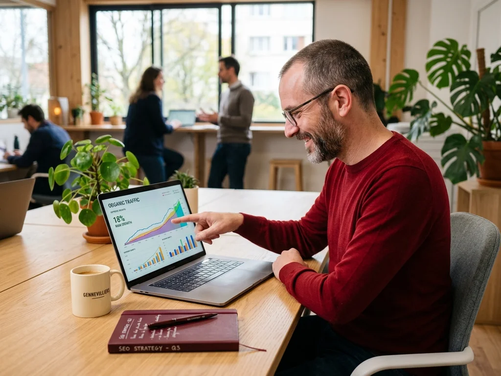 Expert SEO analysant une courbe de progression Google sur un tableau de bord à Gennevilliers.